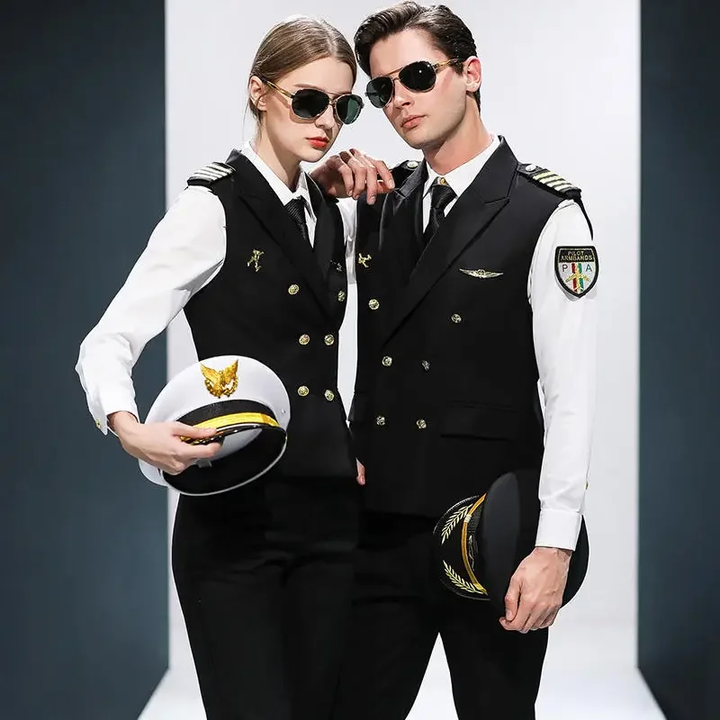 Custom Fashion Design Air Pilot Stewardess Hostess Cabin Crew Stewardess Luchtvaartmaatschappij Uniformen Vest + Shirt + Broekpak