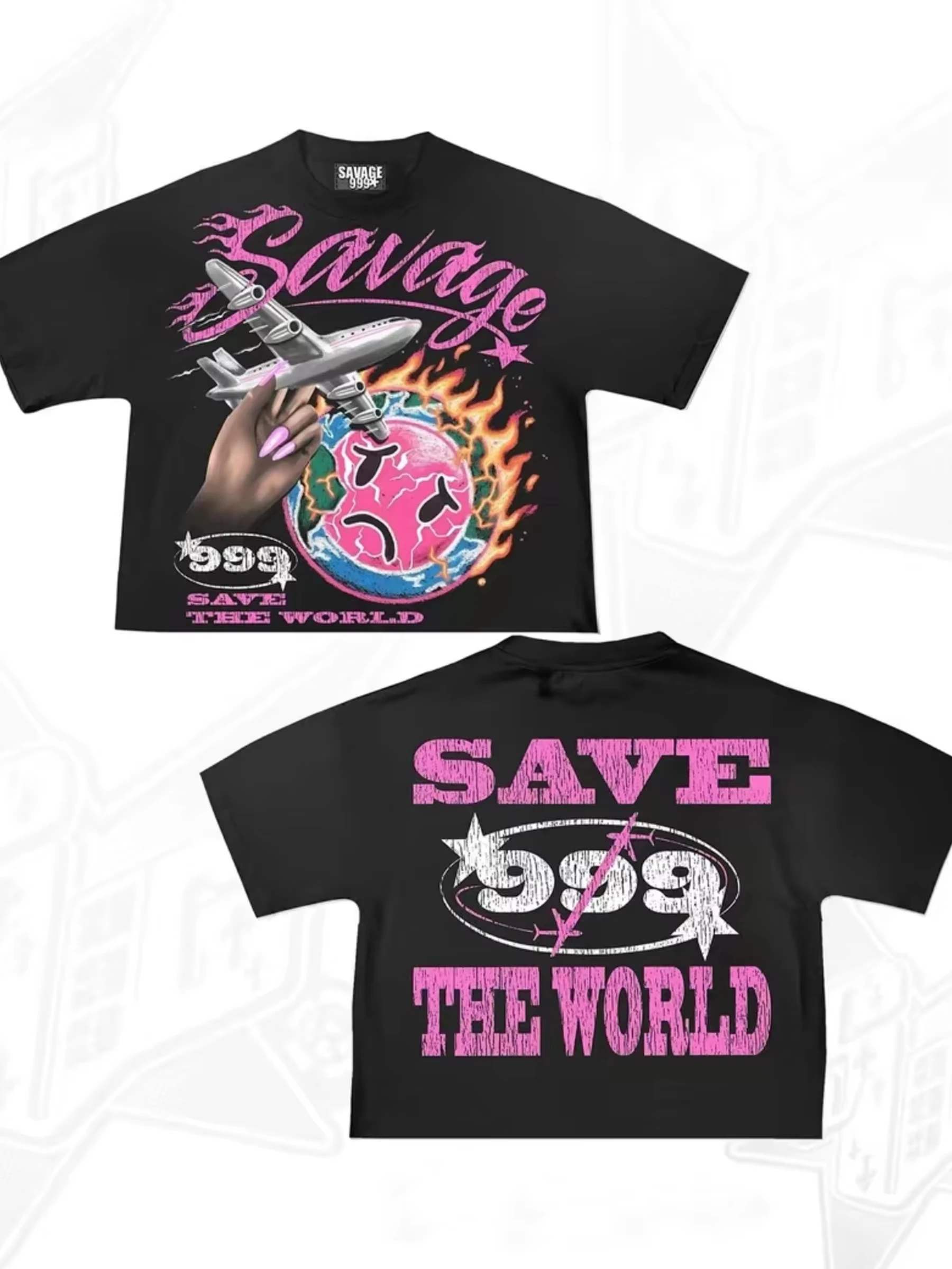 Black and Pink Punk Gothic Street Style Short-sleeved Top Men's Y2K Pattern T-shirt - Savage Save The World Design