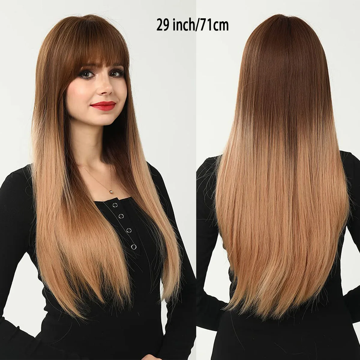 

Synthetic Long Wig with Bangs Straight Hairstyles Mom Hair for Women Heat Resistant Daily Cosplay Wig Costume Ombre Brown Wigs