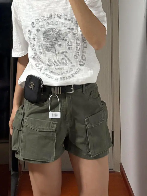 

Retro American Military Green Multi-Pocket Workwear Denim Shorts Women Summer Design Loose Slim Wide Leg Hot Pants