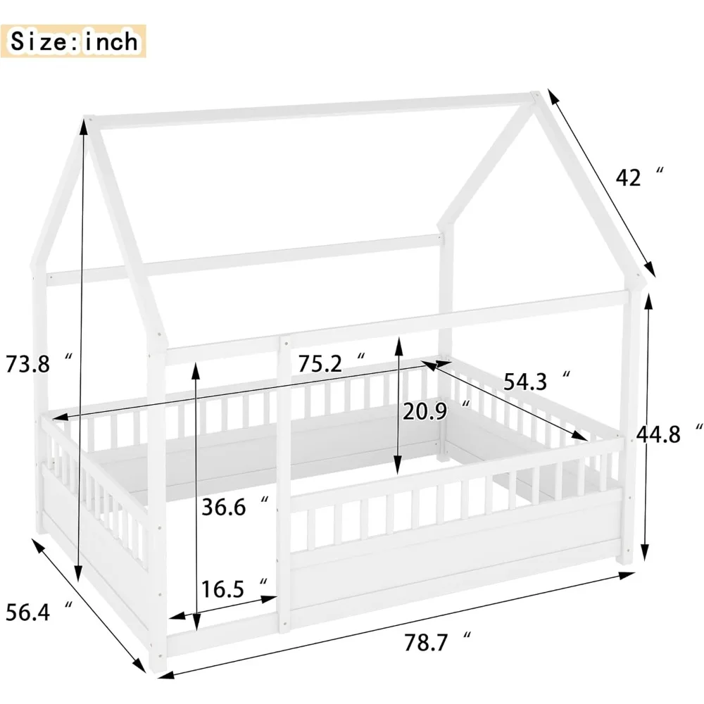 Cama de casa de tamanho completo com cerca alta, estrutura de cama de piso completo, camas montessori para crianças em tamanho real, estrutura de cama de casa de madeira maciça