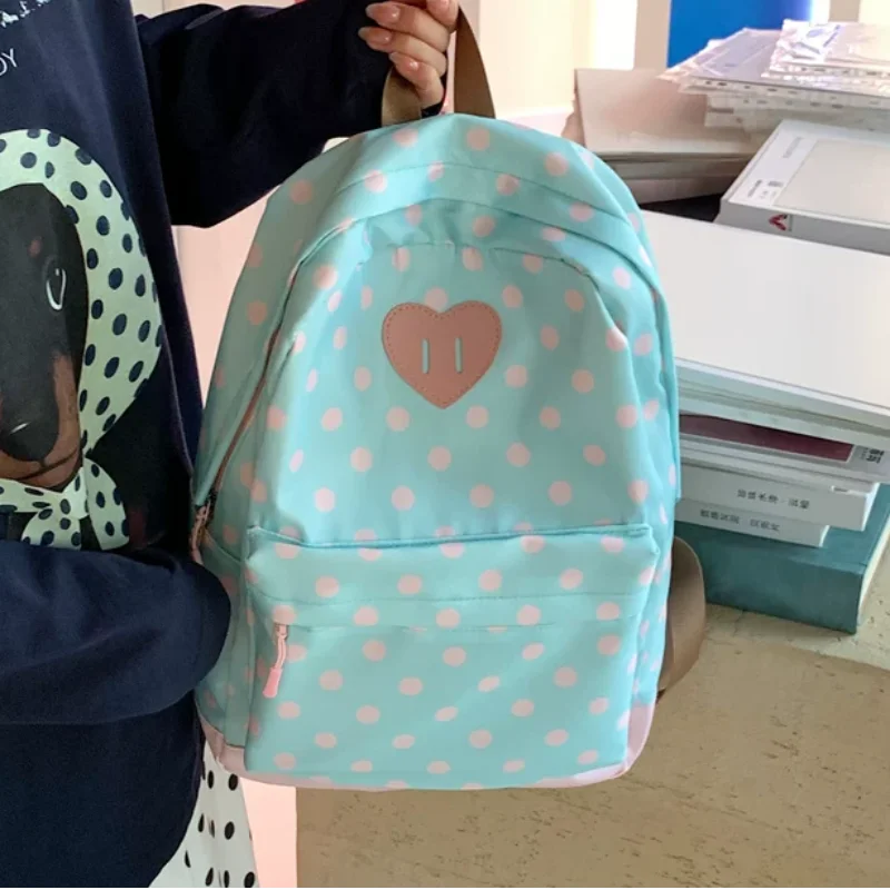Vintage Polka Dot Backpack Cute Heart Pattern Lightweight Nylon Rucksack Large Capacity Casual Schoolbag Daily Shoulder Backpack