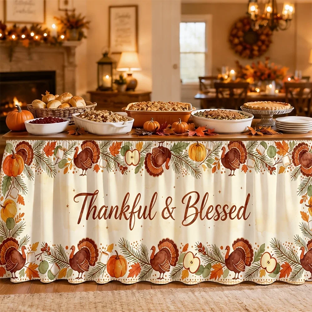 1 piece of tablecloth, Thanksgiving tablecloth, printed polyester, autumn harvest pilgrim feathers, pumpkin, apple
