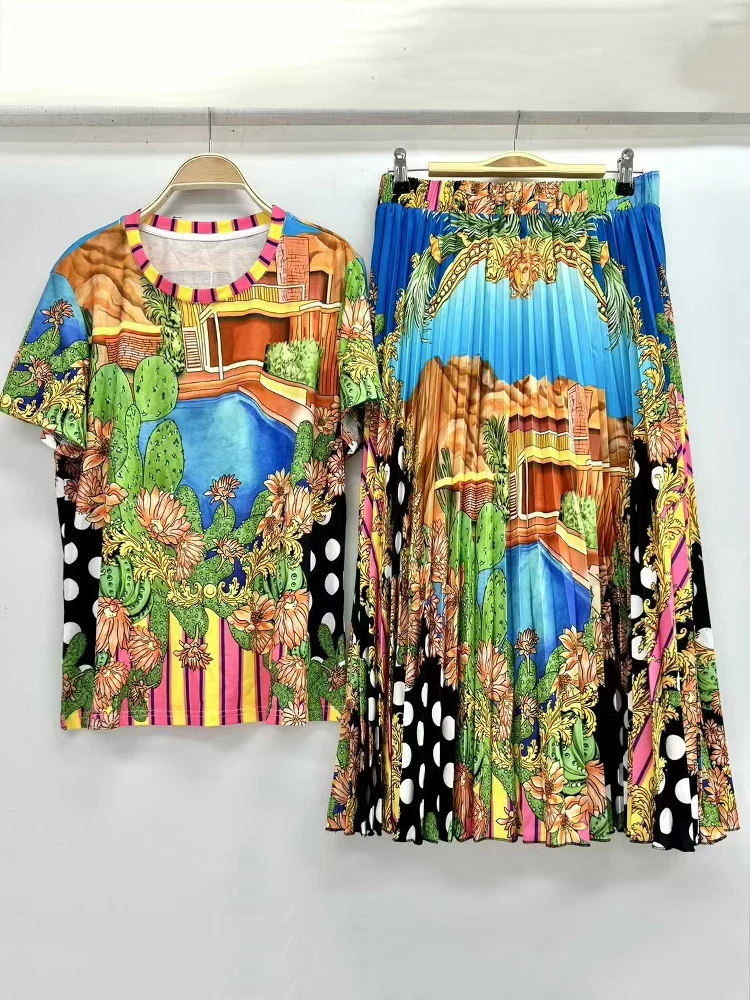 Kurzarm-T-Shirt mit geometrischem Retro-Print, zweiteiliger Sommer-Damenanzug + lockerer Faltenrock mit elastischem Bund, modischer Anzug