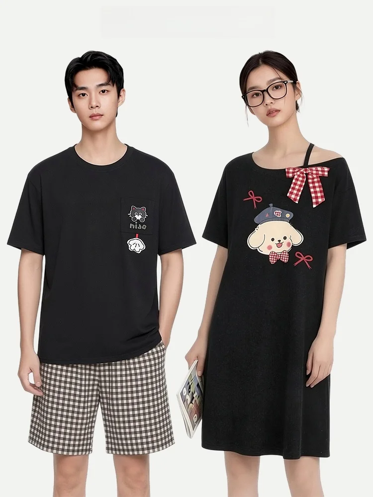 

Couple's Pajamas Pure Cotton Short Sleeve Ultra Soft Home Clothes Knot Plaid Summer Breathable Moisture Wicking