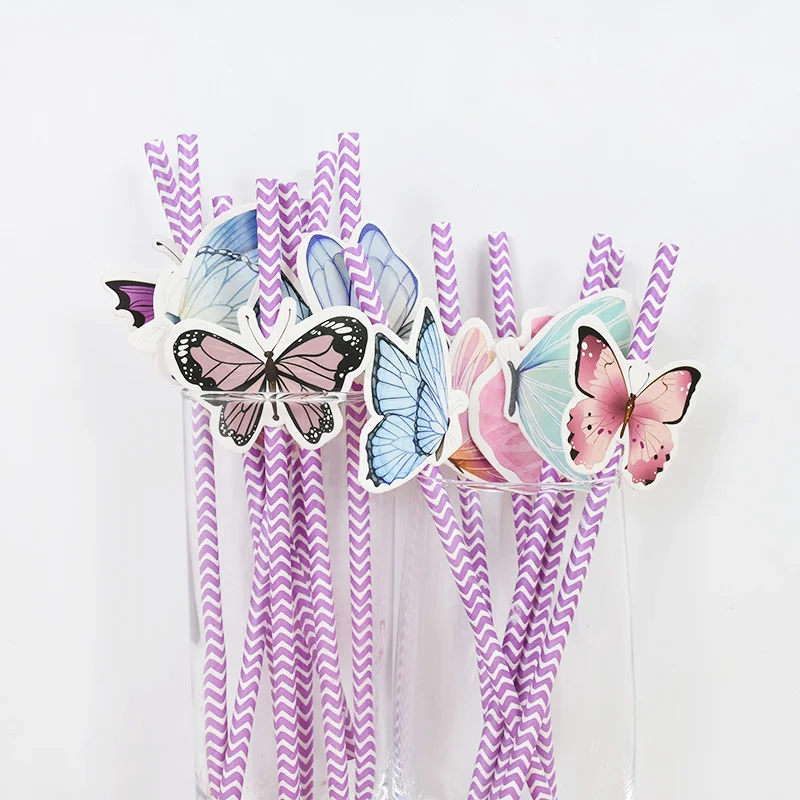 24 قطعة من شفاطات الورق على شكل فراشة أرجوانية، شفاطات مخططة للشرب على شكل فراشة، زينة لحفلات أعياد الميلاد وحفلات الزفاف للفتيات