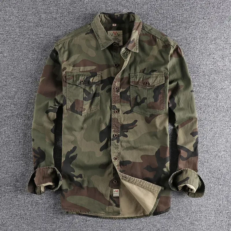 Trendy Washed Camouflage American Style Overalls Long Sleeve Shirt Man Pair Pocket Versatile Casual Military Youth Top