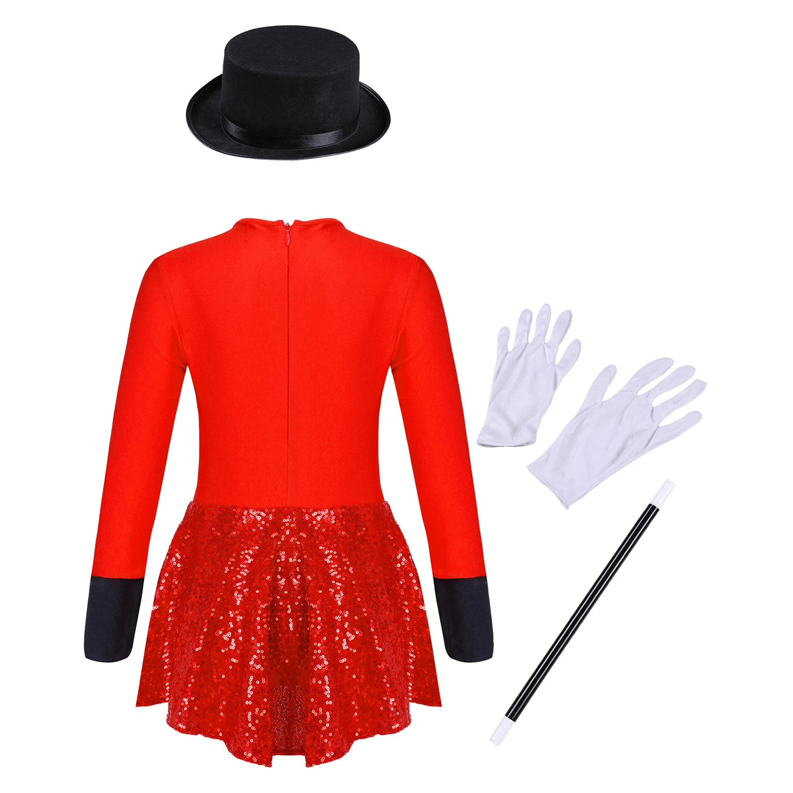 Girls Circus Magician Costume Halloween Party Cosplay Magic Show Dress Up Shiny Sequin Leotard Dress with Hat Magic Wand Gloves