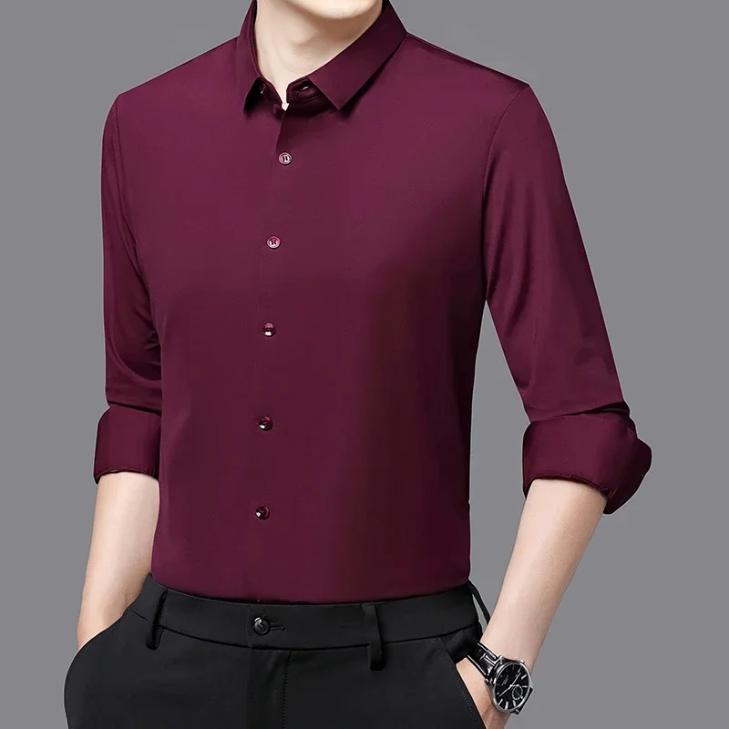 Naadloze Anti-Rimpel Zakelijke Zijdezachte Hoge Elastische Spandex Heren Lange Mouwen Shirt Formele Sociale Niet-Ijzeren Effen Kleur Casual