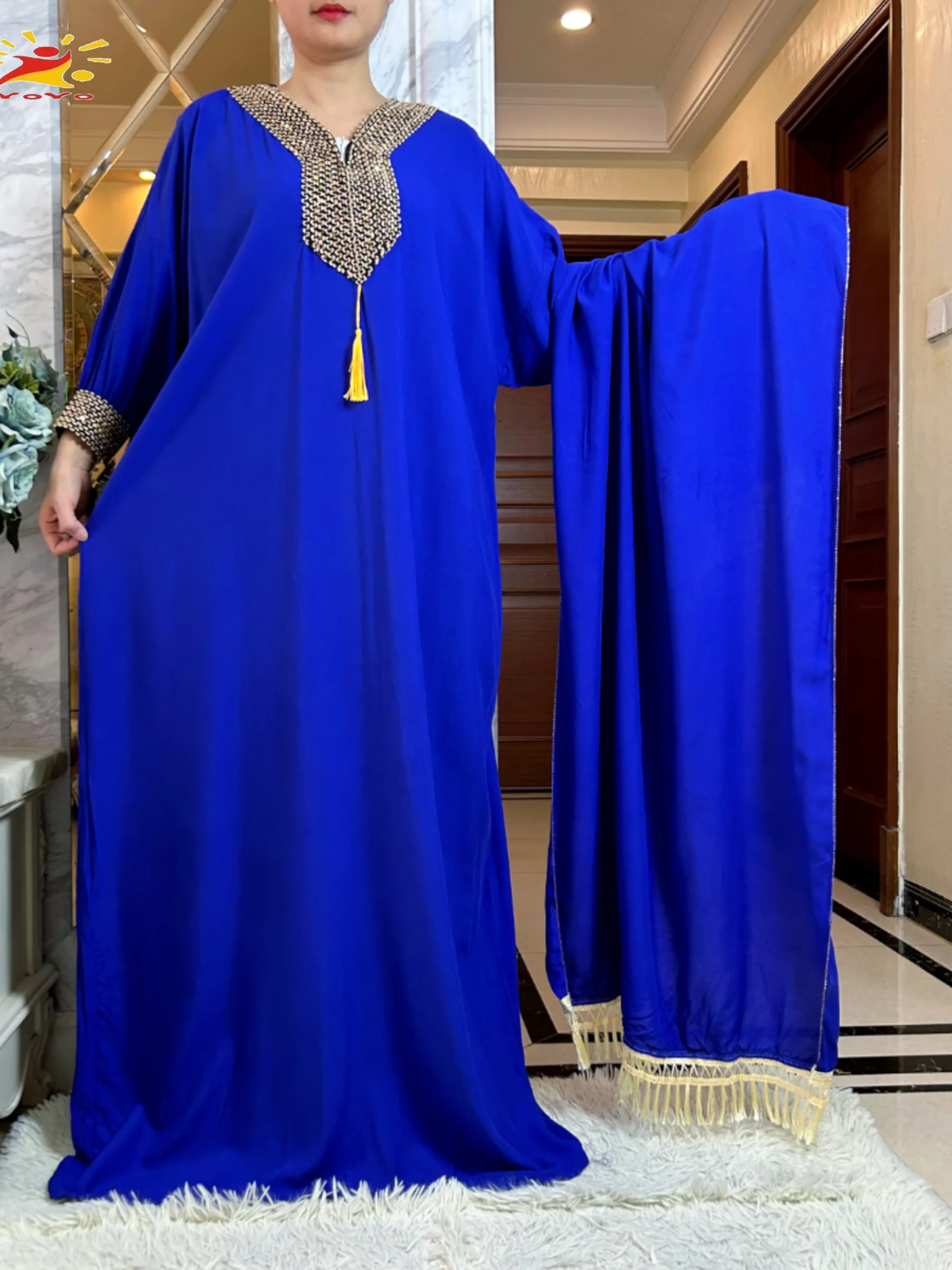 2025New Abito da donna musulmano a maniche lunghe in cotone con grande sciarpa Boubou Maxi Islam Abito da donna Abaya africano