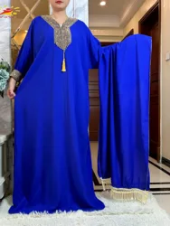 2025New Muslim Women Long Sleeve Autumn  Dress Cotton With Big Scarf Boubou Maxi Islam Women Dress African Abaya
