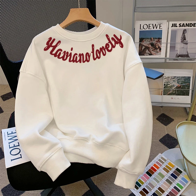 

Модный свитшот с круглым вырезом для мужчин, свободного кроя, с принтом, с защитой от катышков, осенне-зимний, в американском стиле, для пар, из смесового полиэстера и хлопка