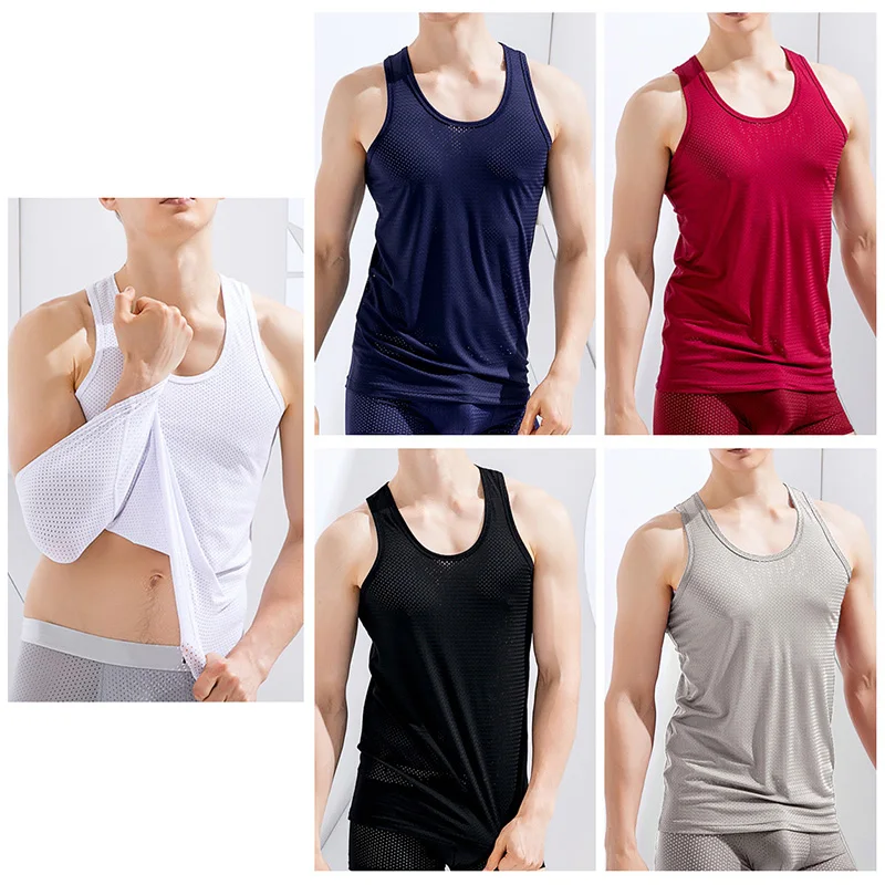 New Summer Quick-Drying Ice Silk Vest Thin Mesh Hole Men Tank Tops Gym Sport Bodybuilding Sport T Shirts Sleeveless Fitness Vest