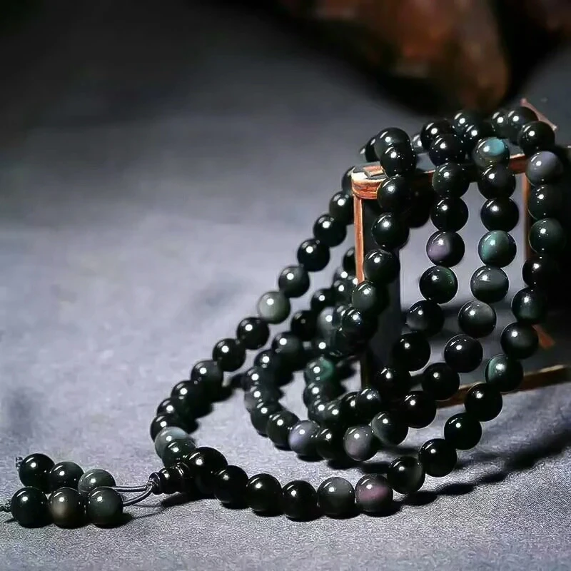 New Natural Stone Black Rainbow Obsidian Bracelet Man Women Beads Stretch Bracelets Fashion Buddha Rosary Buddhist For Lover