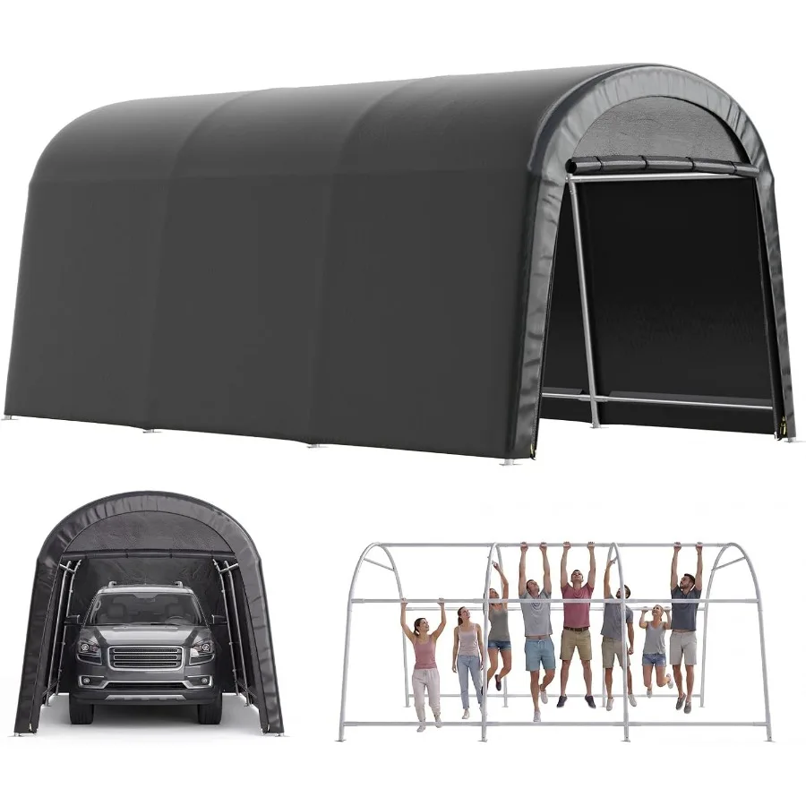 Feet Carport Round Top Shelter, Waterproof UV-Resistant PE Cover, Gray, Heavy-Duty Weather Protection For Outdoor Vehicle Stora