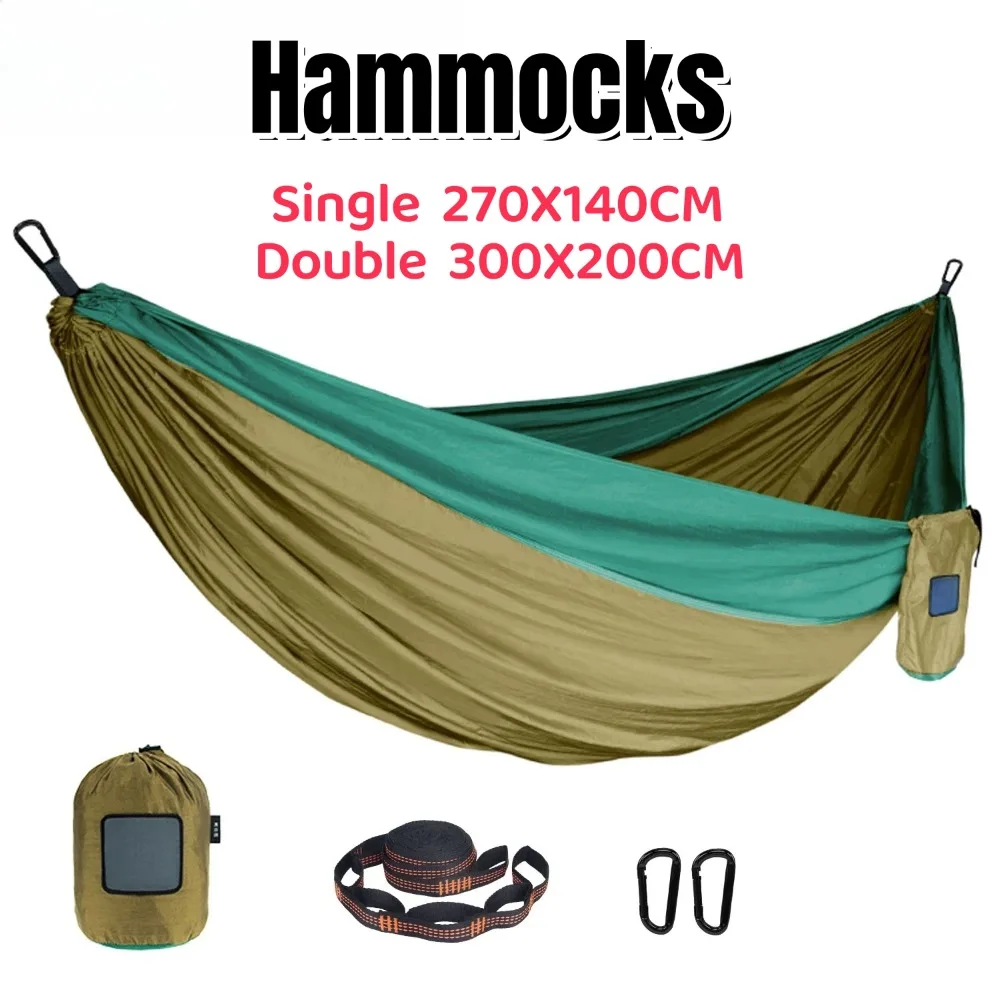 

Premium Nylon Fabric Couples Double Hammocks with Tree Straps Carabiners Outdoor Camping Travel Adventures Hiking Chair Swing