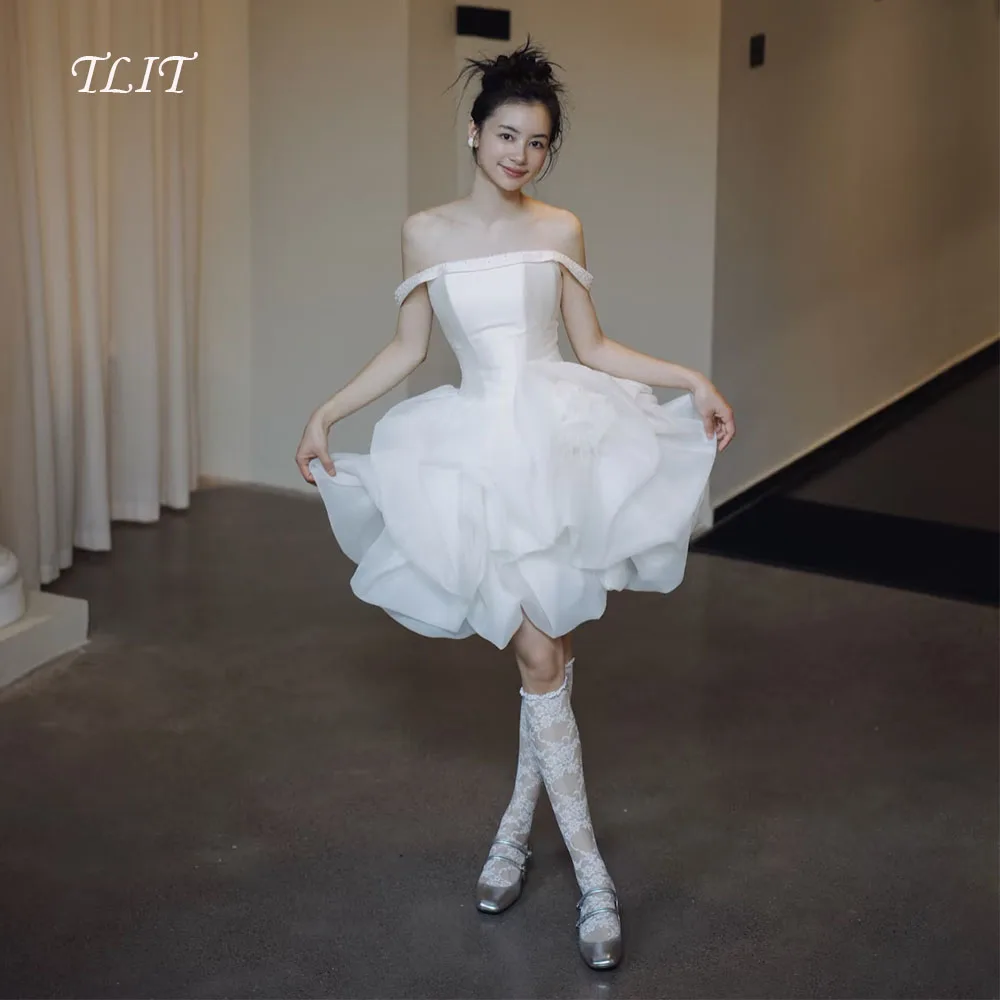 

TLIT Simple White Satin Wedding Dress Off The Shoulder Bridal Gowns Korea Wedding Dresses Photos Shoot Customized 웨딩드레스