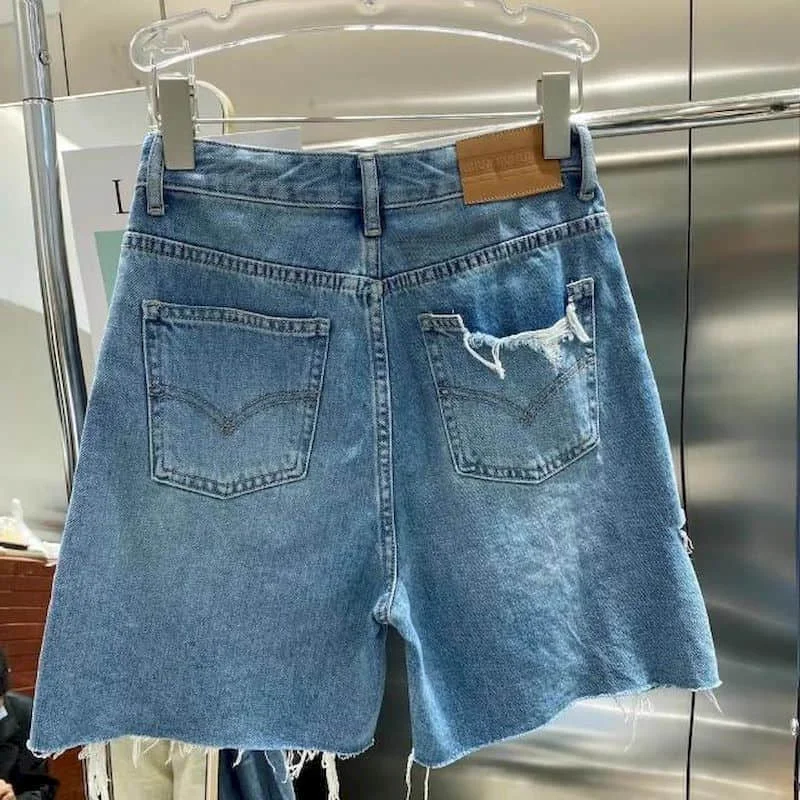 Denim Wide Leg Pants Loose 2026 Summer Large Size Five-point Pants American Style Ripped Jeans Vintage Women Baggy Y2k Clothes