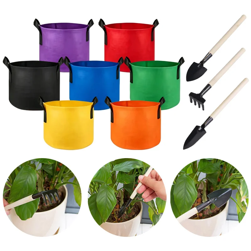 6PCS Garden Grow Bags with Mini Gardening Tools Set Fabric Planters Containers Reusable Random Color ZYF