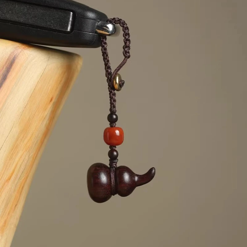 Small Leaf Rosewood Fortune Gourd Pendant Phone Chain Car Keychain Bag Hanging Ornament for Boyfriend Gifts