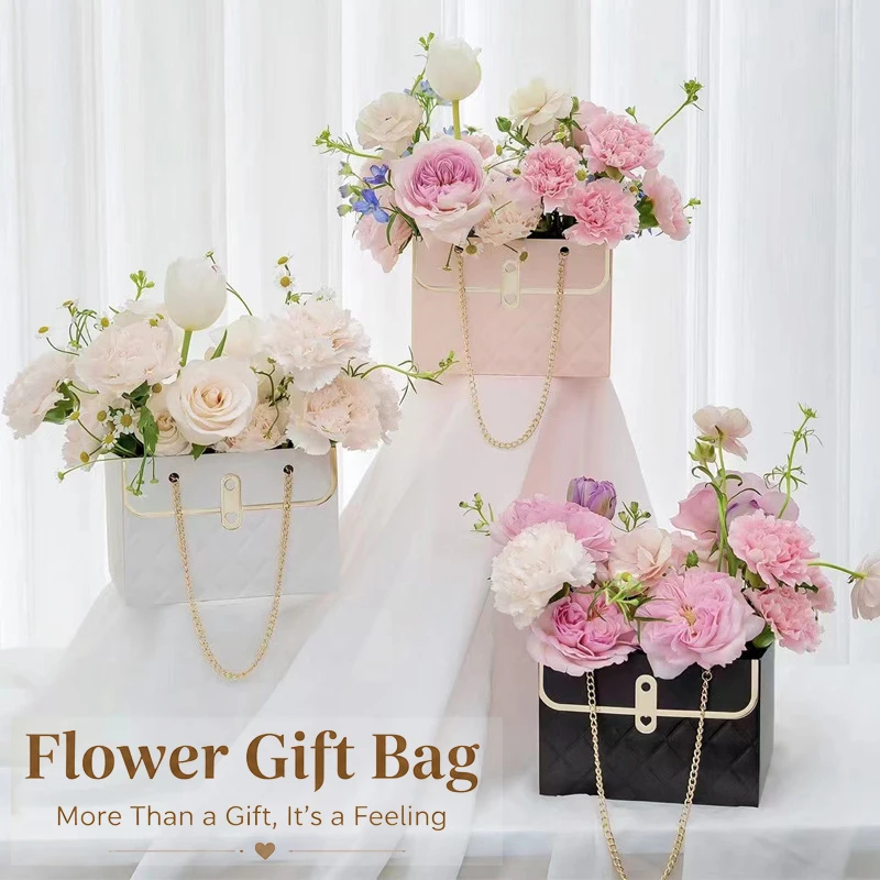 Sac à main cadeau fleuri, boîte, poignée chaîne métallique, sac d'emballage rectangulaire à motif floral, sac cadeau pour bouquet de Saint-Valentin, mariage, anniversaire