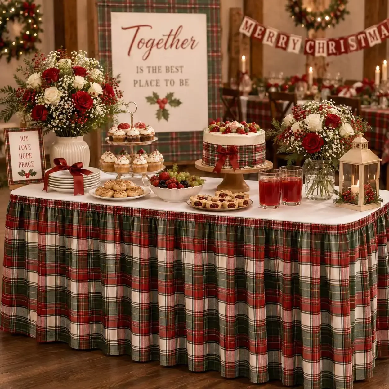 tableskirt 1 piece 2D flat printing, tablecloth with red and green Christmas check pattern, American Christmas retro style