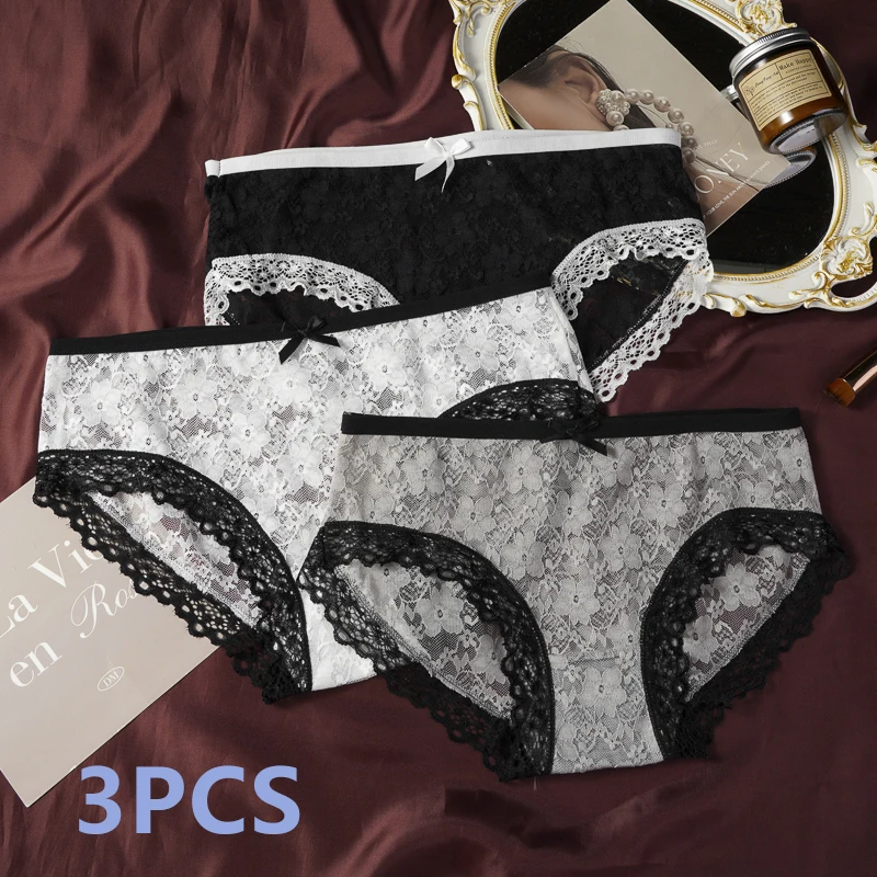 3PCS Floral Lace Panties Women Thin Mesh See-through Underwear Bow Trim Mid-waist Underwear Soft Comfort Cotton Crotch Briefs