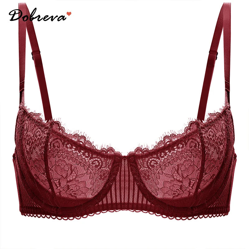 DOBREVA Women\'s Sexy Sheer Floral Lace Bra Push Up Plus Size Bralettes Balconette Underwire Unlined Demi Underwear