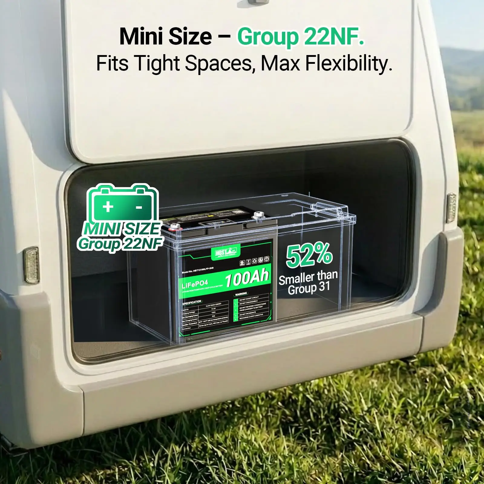 12V 100Ah LiFePO4 Battery, Group 22NF Mini, BMS, LED Meter, 1280Wh
