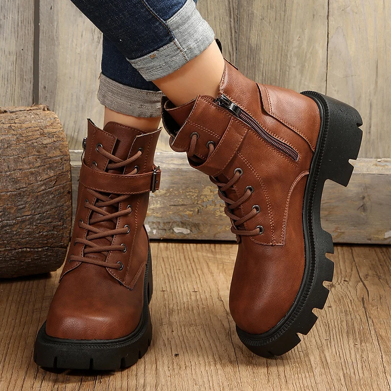 Belt Buckle Platform Combat Boots Women Chunky Heels Lace Up Ankle Boots Woman Side Zipper PU Leather Short Booties Plus Size 43