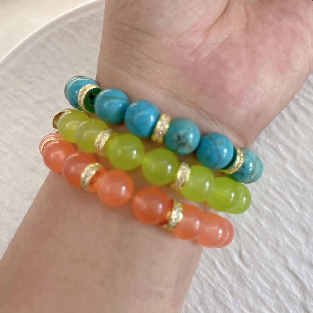 

5 шт./лот натуральный камень бирюзовый эластичный браслет CZ бусины с драгоценными камнями элегантные украшения для женщин