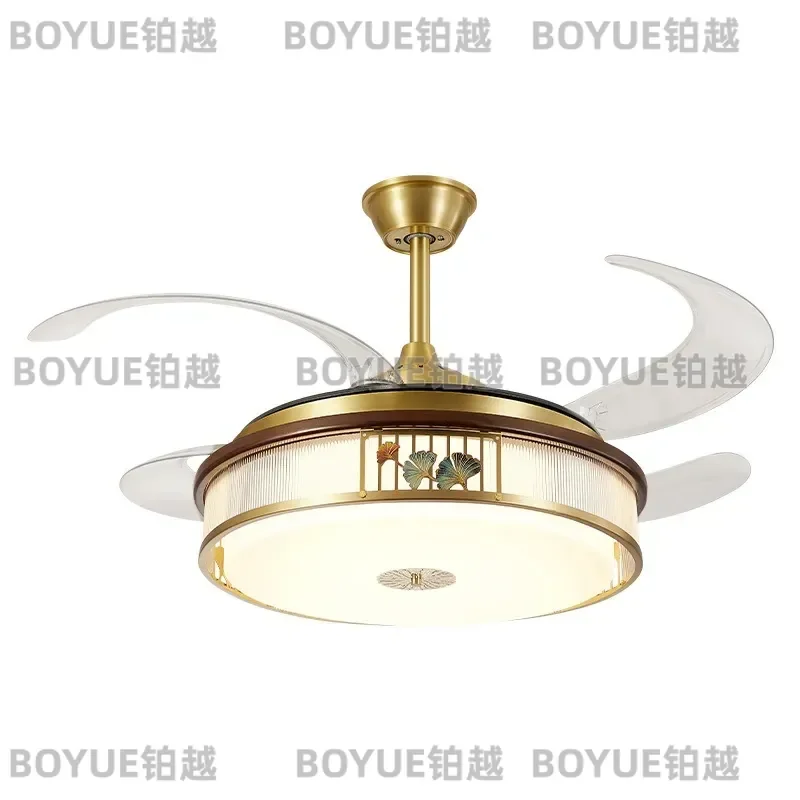 New Chinese Style Solid Wood Ceiling Fan Light All Copper Silent Living Room Dining Bedroom Lamp with Sensor Modern Home