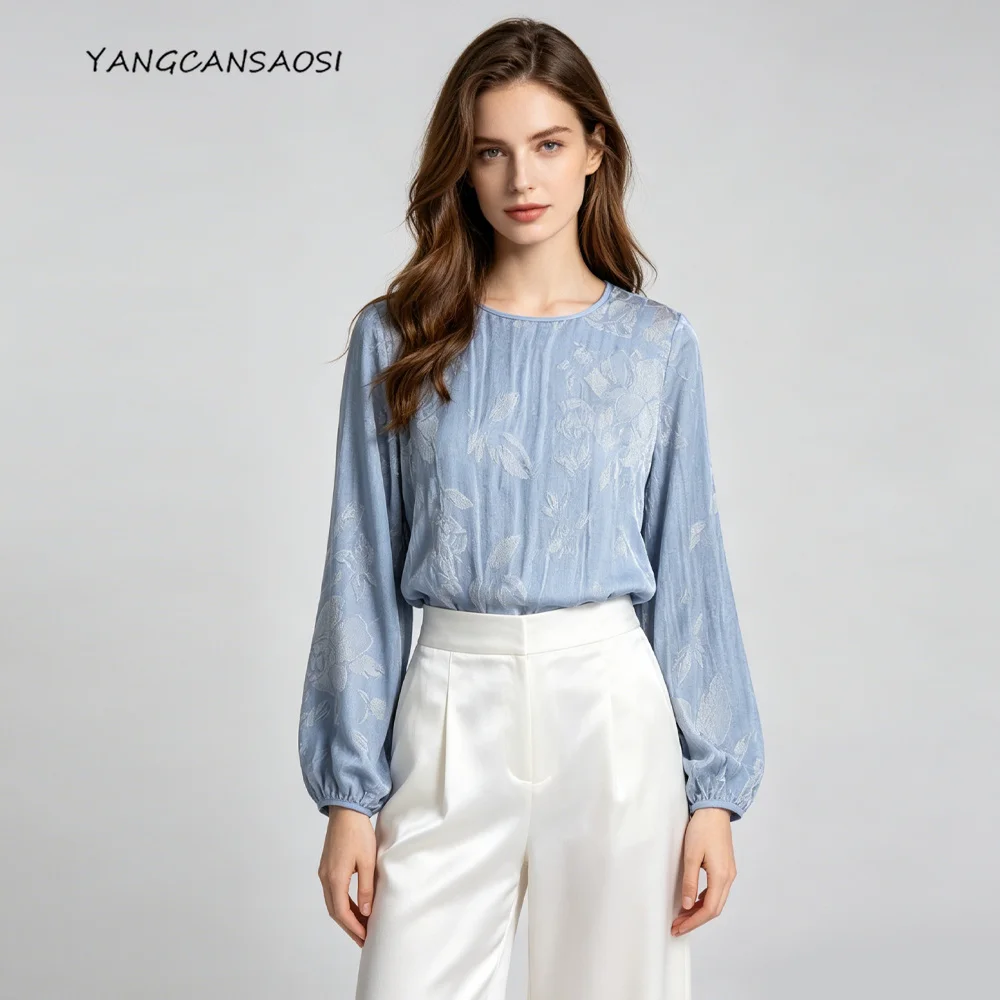 Women's Fashion Autumn Clothing Simple 50% Natural Mulberry Silk Gold Thread Velvet Round Neck Long Sleeved Loose Blue T-shirt