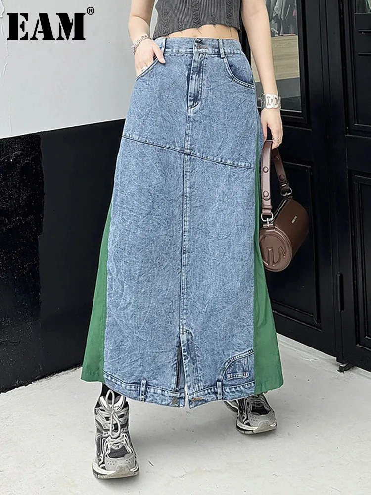 

[EAM] High Elastic Waist Green Color-block Denim A-line Half-body Skirt Women Fashion Tide New Spring Autumn 2024 1DH5422