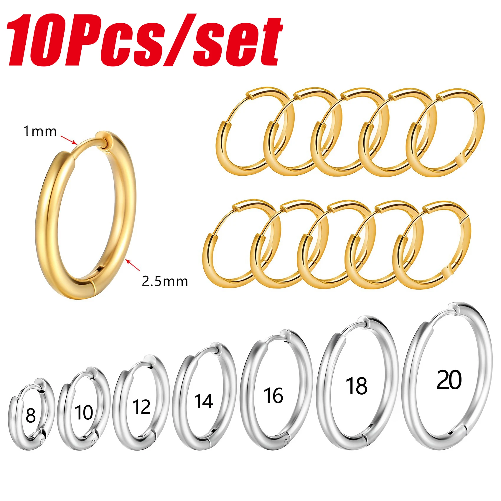

10Pcs Stainless Steel Mini Hoop Earrings for Women Men Hiphop Tiny Cartilage Earring Piercing Pendientes Gold Hoop Earrings Gift