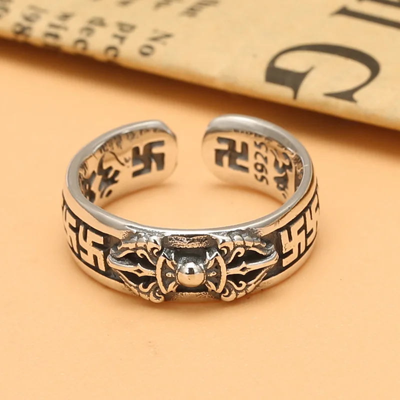 

Thai silver distressed Vajra Dharma-vessel ring six words mantra ten thousand words open ring s925 sterling silver ornament