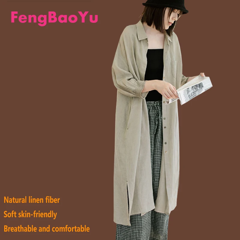 

Fengbaoyu High-end Linen Women's Long-Sleeved Simple Windbreaker Outdoor Travel Casual Shirt Loose Comfortable Cool Refreshing