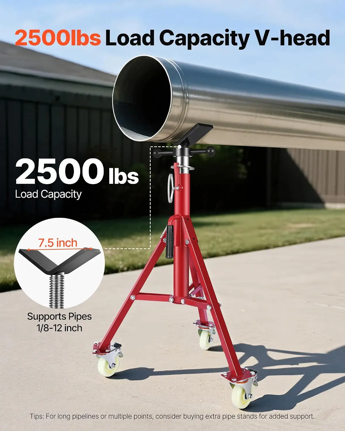 VEVOR Pipe Stand with Casters, V Head Pipe Stand with Adjustable Height 33.1-56.3 Inch 2500LBS Load Capacity, Folding Portable P