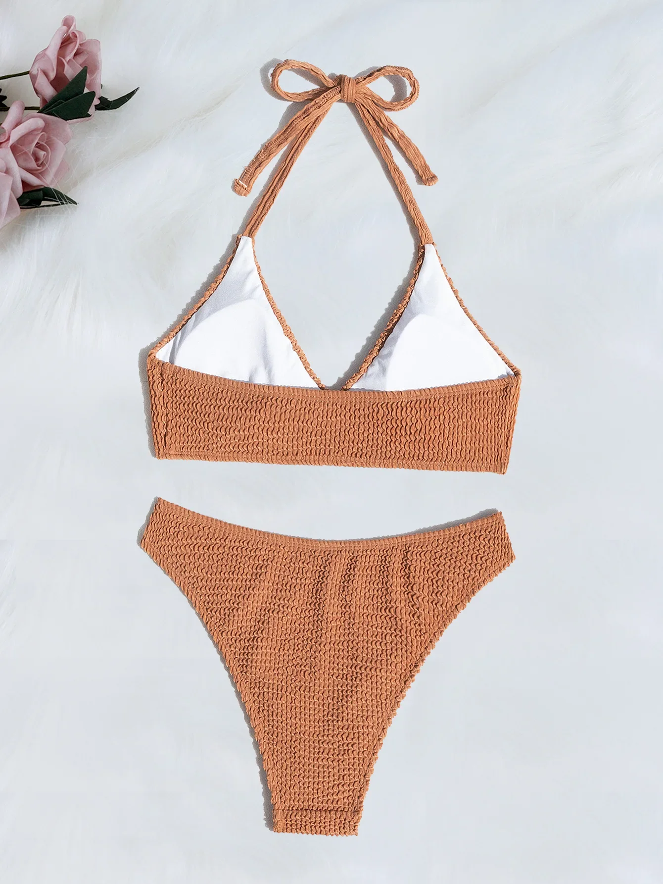 Women's Solid Color Brown 2 Piece Swimsuit 2025 New Bikini Set Sexy V-neck Halter Backless Bathing Suit Beach Vacation Swimwear