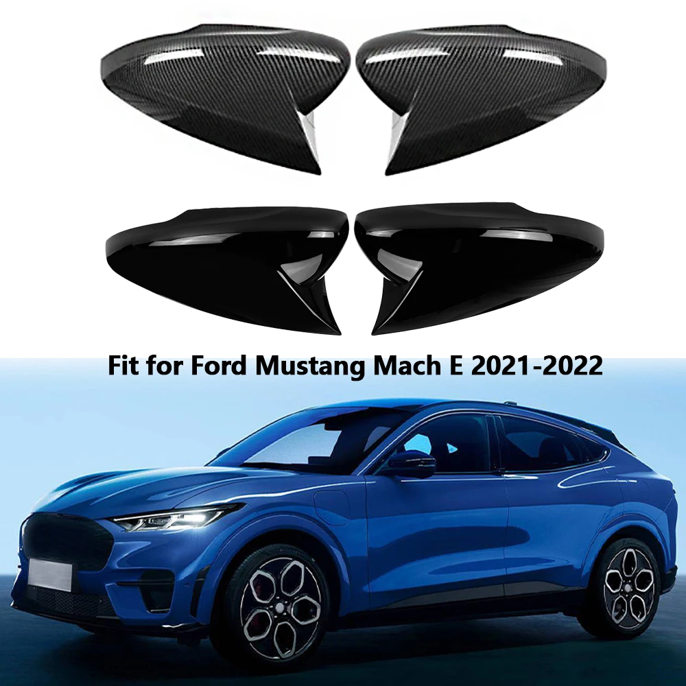 2Pcs Rearview Mirror Covers with Double-sided Tape Fit for Ford Mustang Mach E 2021-2022 Carbon Fiber Black / Glossy Black