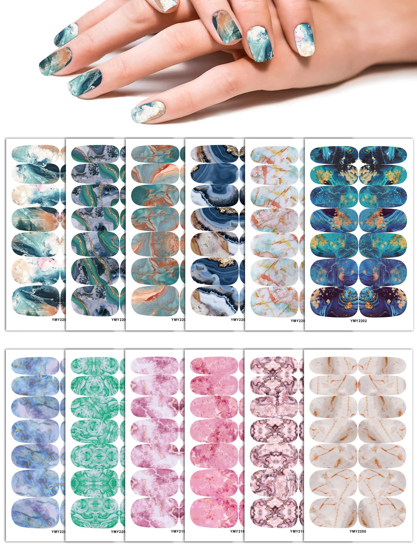 New14pcs Nail Art Jewelry  Marble Smudge Pattern Starry Paper Nail Art Stickers Accesories Press on Nails Stickers Designer