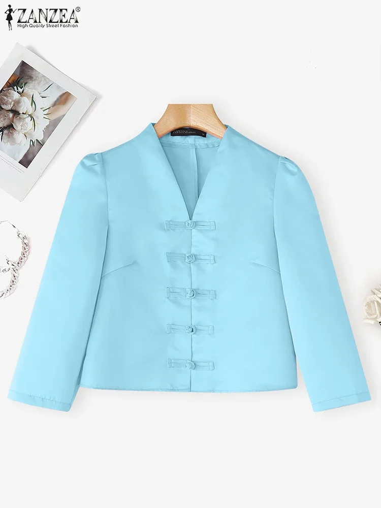 ZANZEA 2025 Elegant Women Satin Shirts Autumn Puff Sleeve Blouse Fashion V-Neck Button Up Solid Tunic Tops Casual Party Blusas