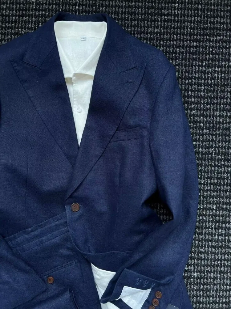 British Style Mens Linen Thin Suit Sets Slim Single Breasted Retro Blazers Pant Outfits Spring Summer Male Coat Two-Piece Set