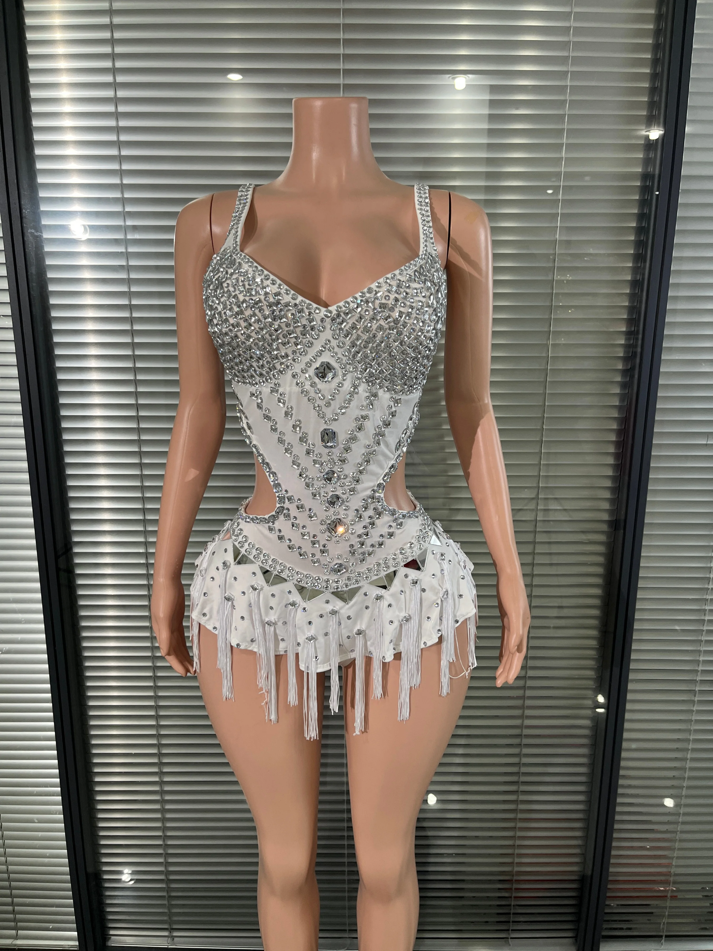 Opulent White Rhinestone-Embellished Bodysuit with Tassel Fringe and Waist Cutouts for Women Stage Performance