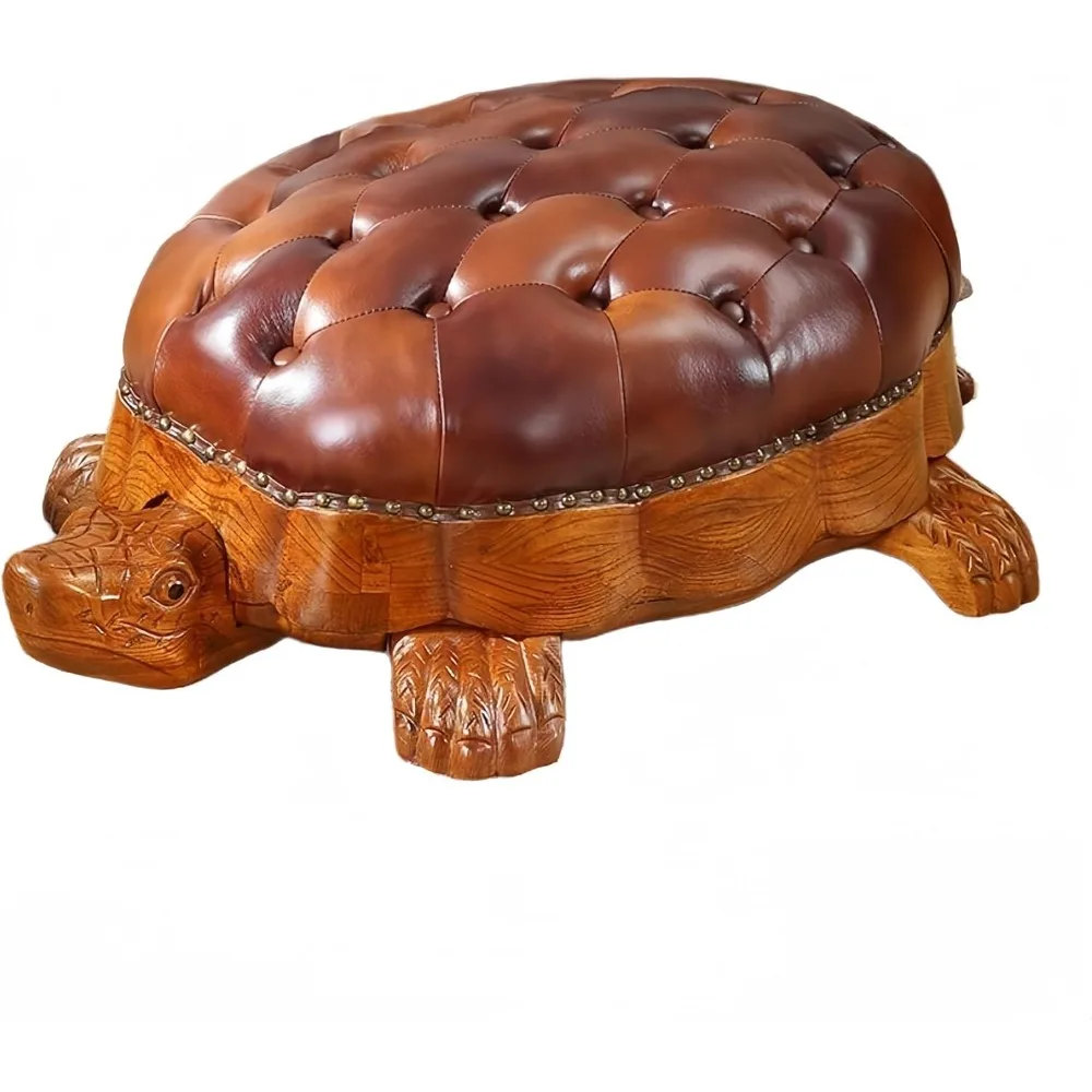 Wood Ottoman Footstool,Sofa Stool，Leather Upholstered Vintage Turtle Footrest Stool with Wheels