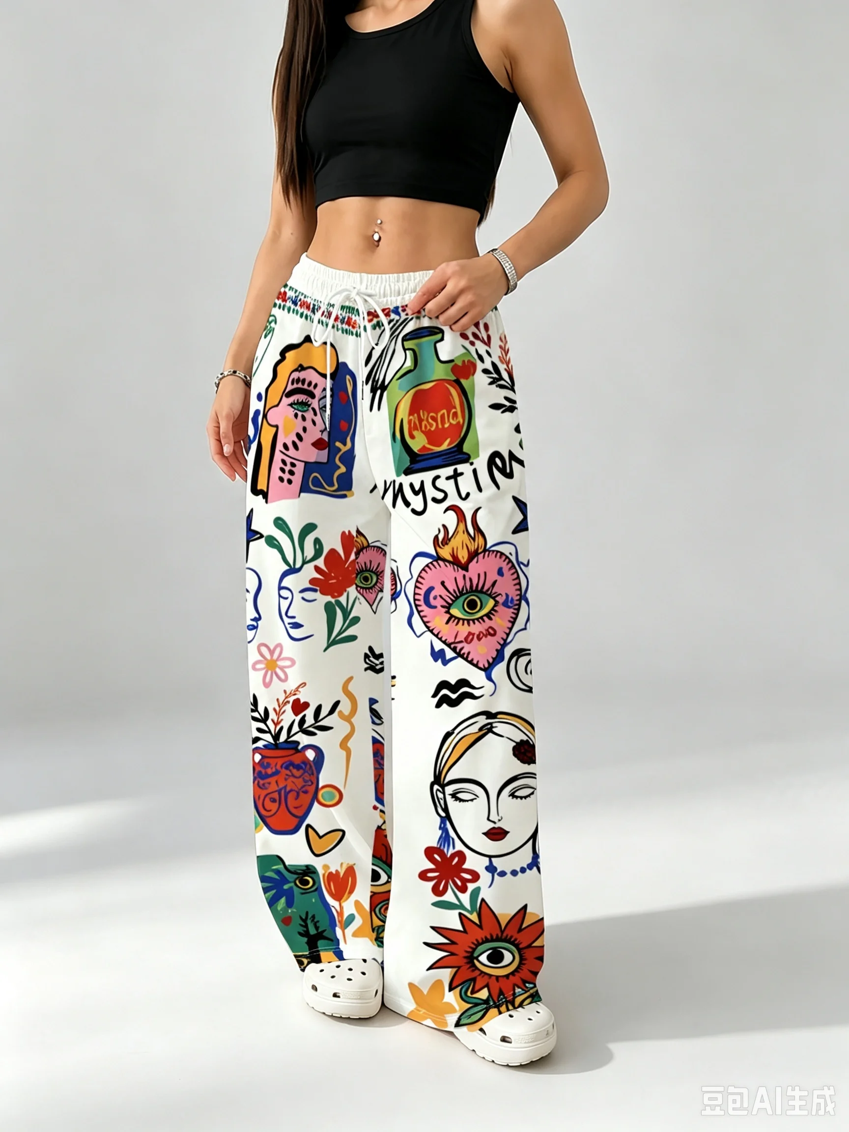 Women's Wide-Leg Trousers with Abstract Face & Floral Print - Soft Drawstring Waist Loose Straight-Leg Pants, Full-Length Length
