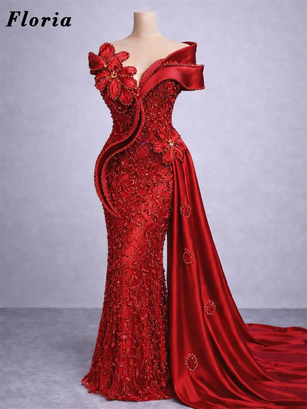 

Вечерние платья с красными бусинами и кристаллами, свадебные и праздничные платья с разрезом и шлейфом, индивидуальный пошив, вечернее платье с открытыми плечами, 3D цветочные платья для выпускного бала