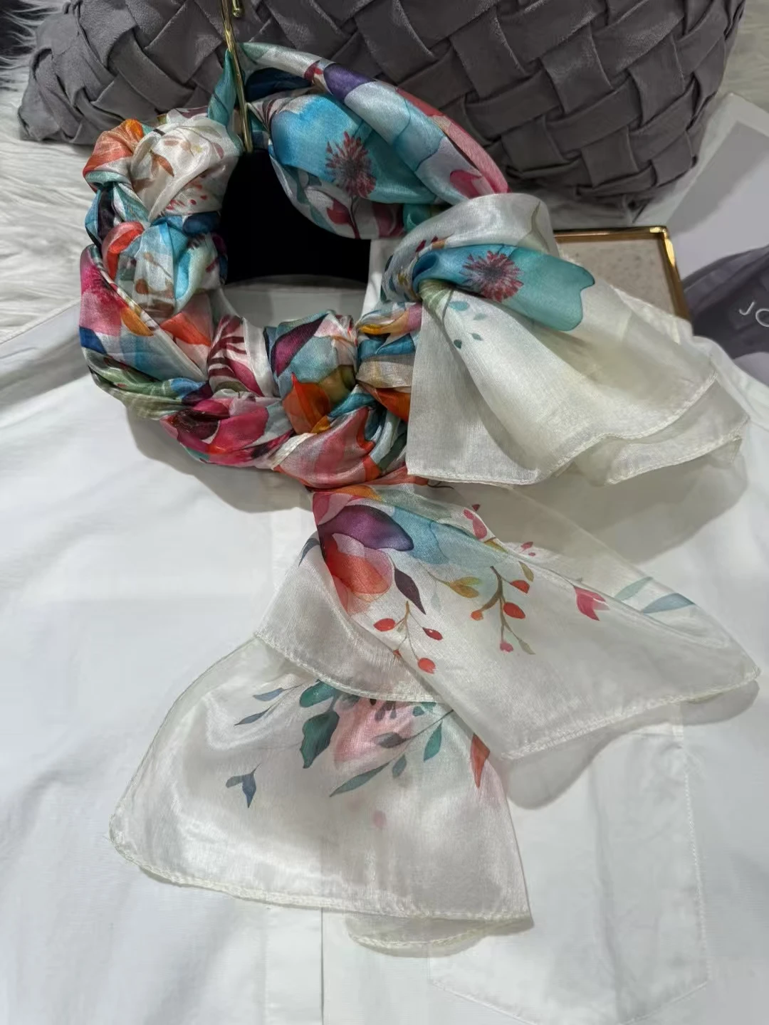 White Blue Women 100% Mulberry Silk Scarf Elegant Floral Design Long Silk Scarf Cape Summer Beach Silk Shawl Wrap Hijab Scarf image 5