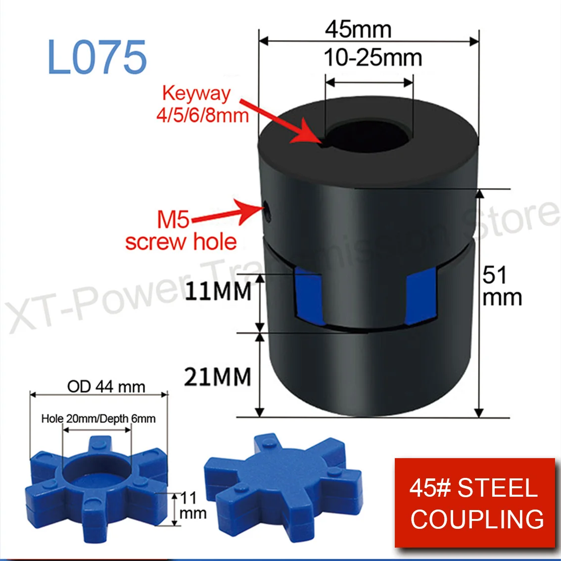 1Set OD 45mm L51mm L075 Three-Jaw Plum Blossom Coupling Inner Hole 10-25mm Keyway 4/5/6/8mm for Coupling Laser Engraving Machine