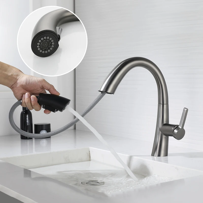 Single Hole Bathroom Pull Down Faucet Deck Mounted Two Function Basin Sink Faucet Modern 1 Handle Hot and Cold Mixer Taps Gray
